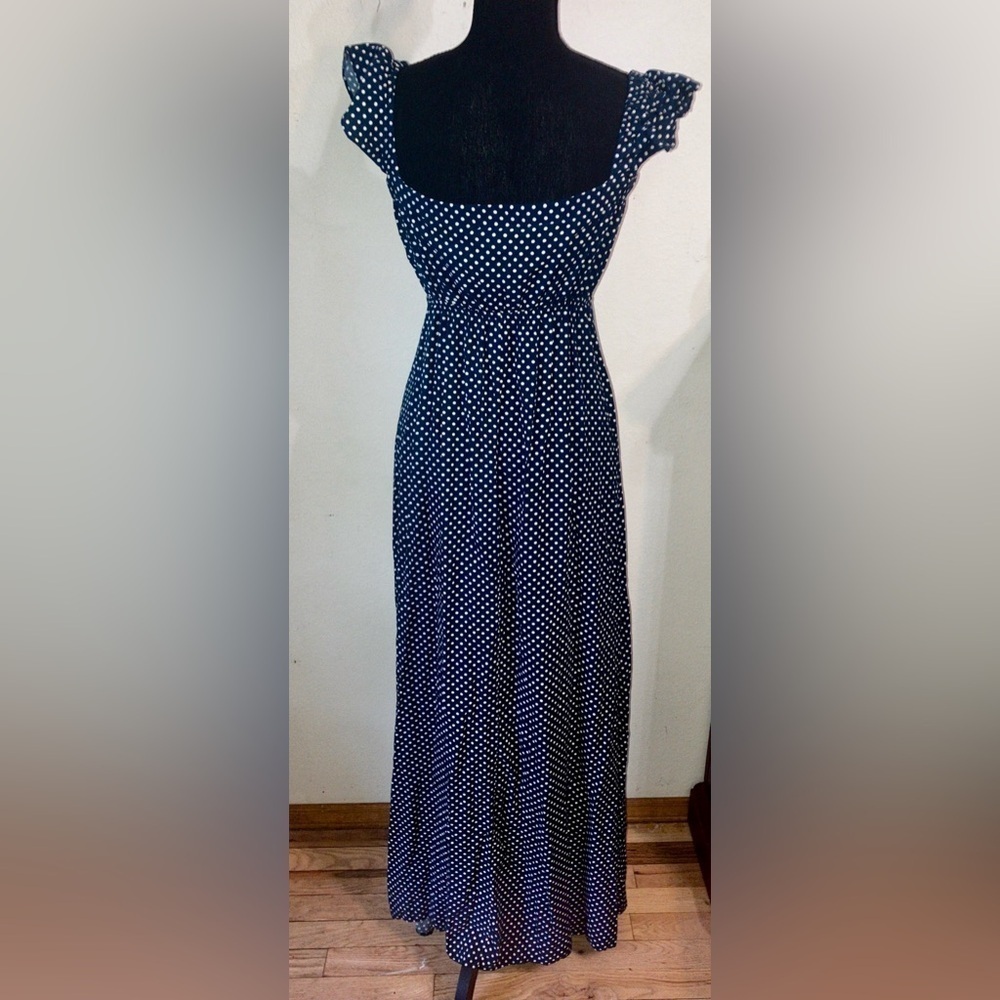 Lulus Dream Regency Nautical Blue Polka Dot Off-the-Shoulder Maxi Dress size Med - Picture 9 of 14